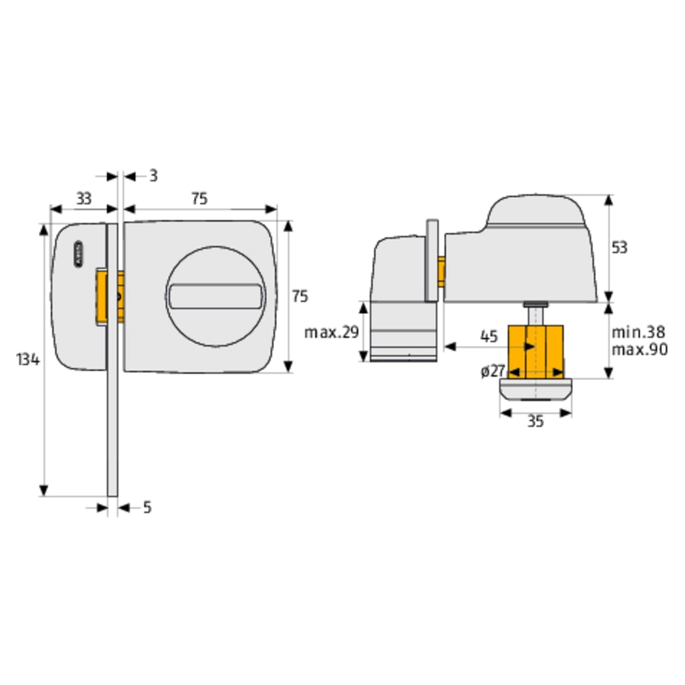 ABUS Tür-Zusatzschloss 7530 S EK, mit Sperrbügel Außenzylinder mit 3  Schlüsseln, innen Drehknauf, für Falzstärken 0-29 mm, für Türstärken 38-90  mm - Thommel I & H GmbH